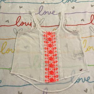 White Sheer Neon Pink Flower Floral Tank Top Shirt Womans sz Medium M